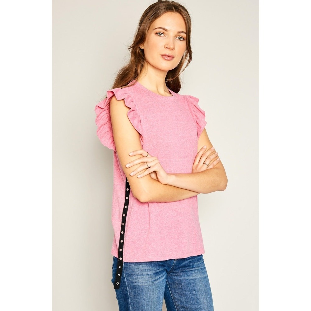Hayden L.A Women's Pink Ruffle Cap Short Sleeve Tie Tape Side Top NWT Small - Picture 3 of 14